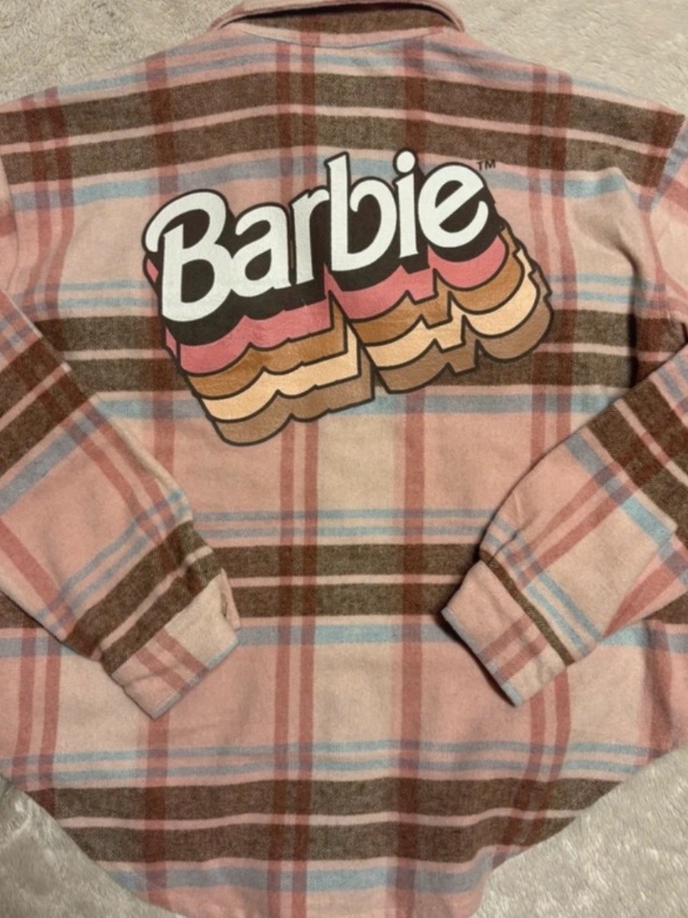 Barbie Pink Brown Plaid Button-Down Shirt Jacket